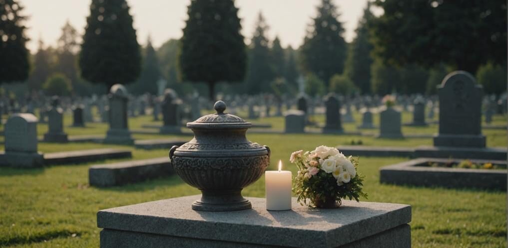 Cremation urn in a cemetery with a lit candle and flowers at sunset