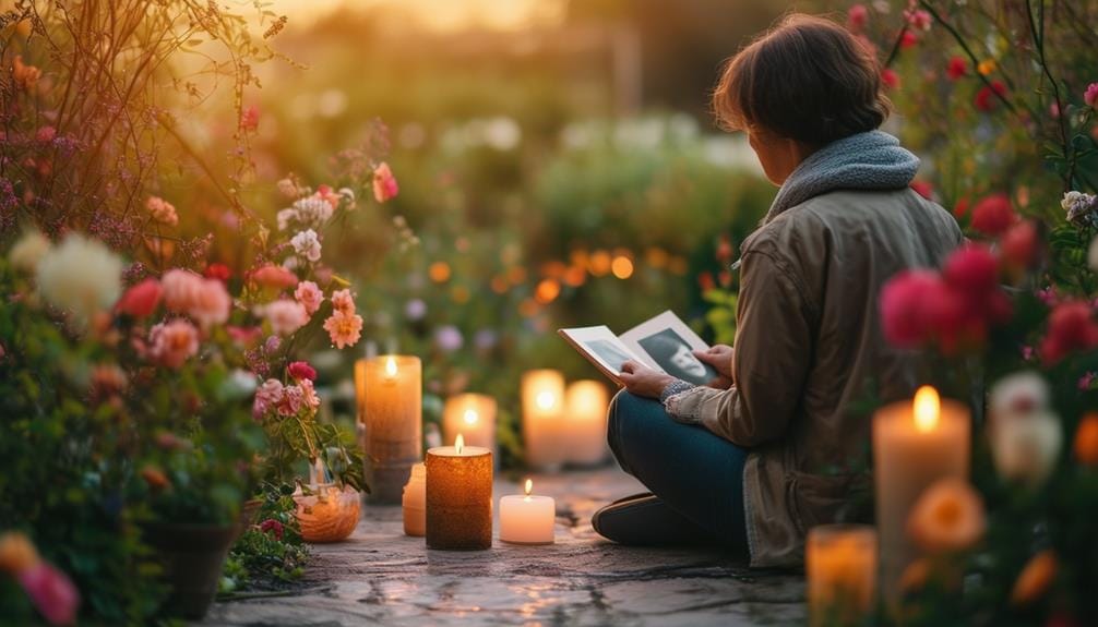 Person sitting surrounded by candles reflecting on a loved ones life