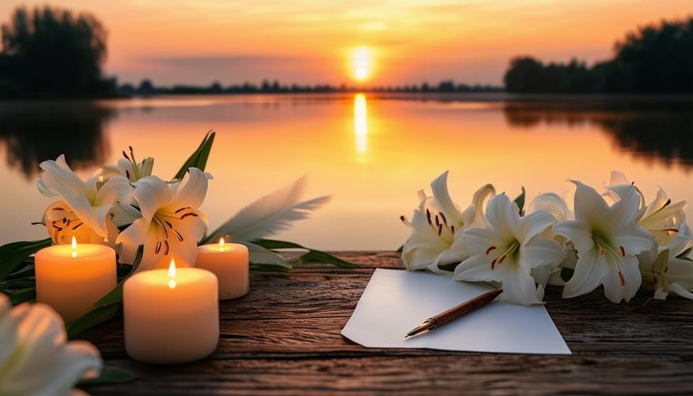 candles and flowers with pen and paper next to a lake at sunset