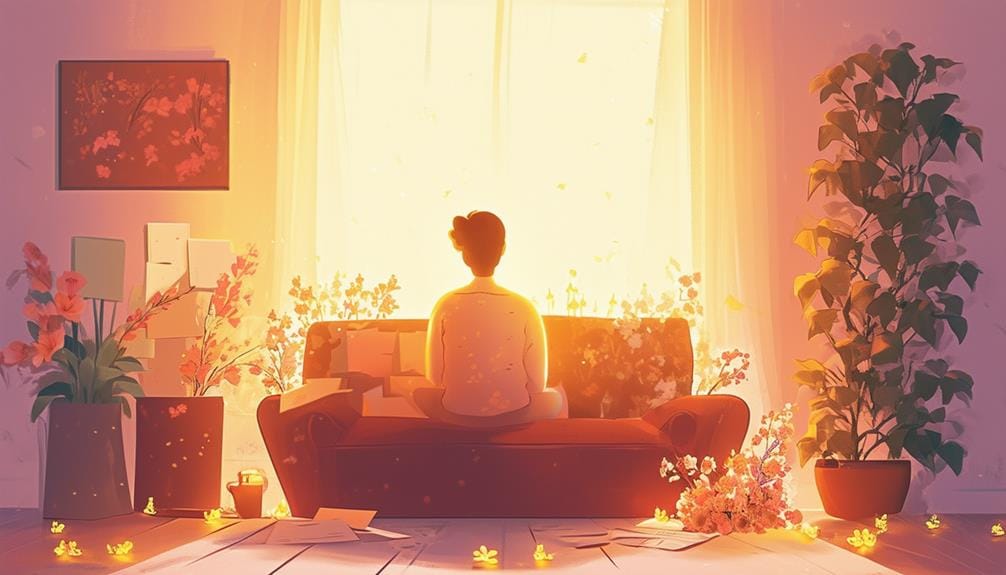 Image showing person on a sofa looking out of the window with light coming in. Surrounded by flowers and messages of condolence