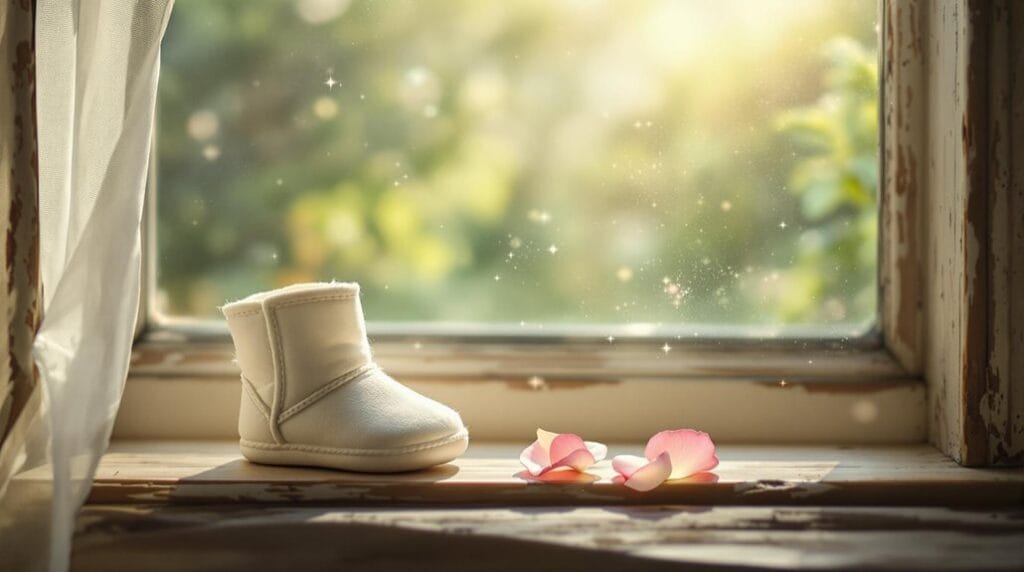 A child's shoe and some flower petals in the window with sunlight coming through.