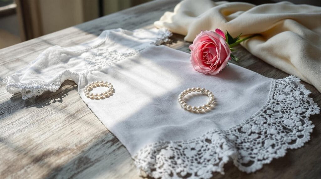 A child's dress laid out with a flower on top
