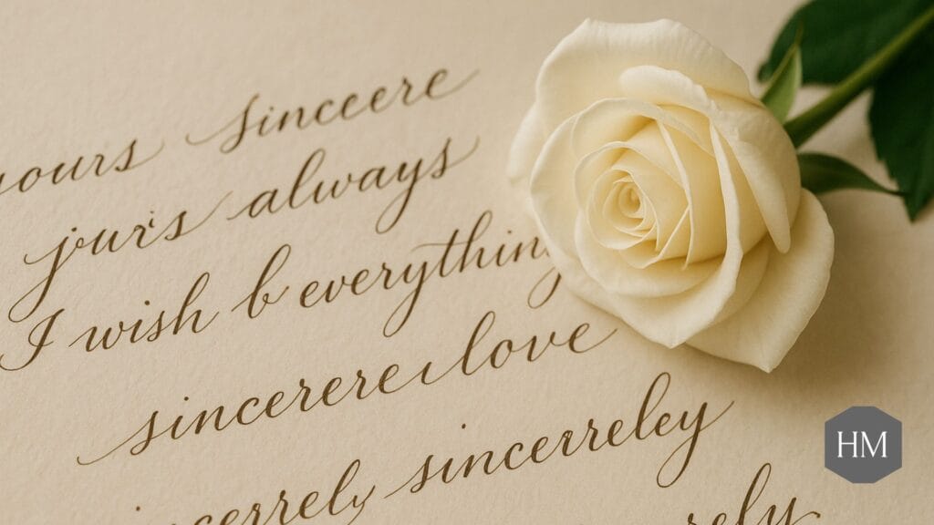 Handwritten funeral poem on elegant paper with white rose