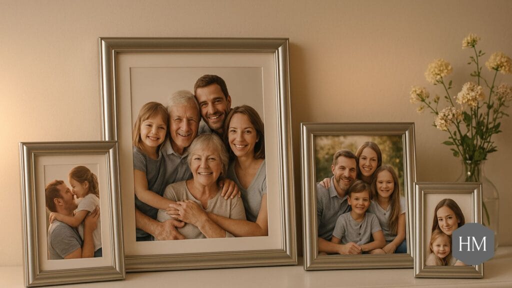 Family photographs in frames representing different relationships for funeral readings