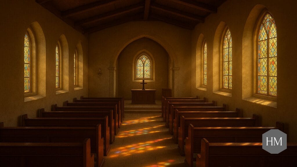 Peaceful church interior with stained glass window light for religious funeral readings